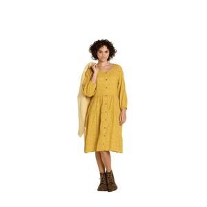 Toad&Co Manzana Tiered Long-Sleeve Dress. Yellow with Black Flowers. Size XS
